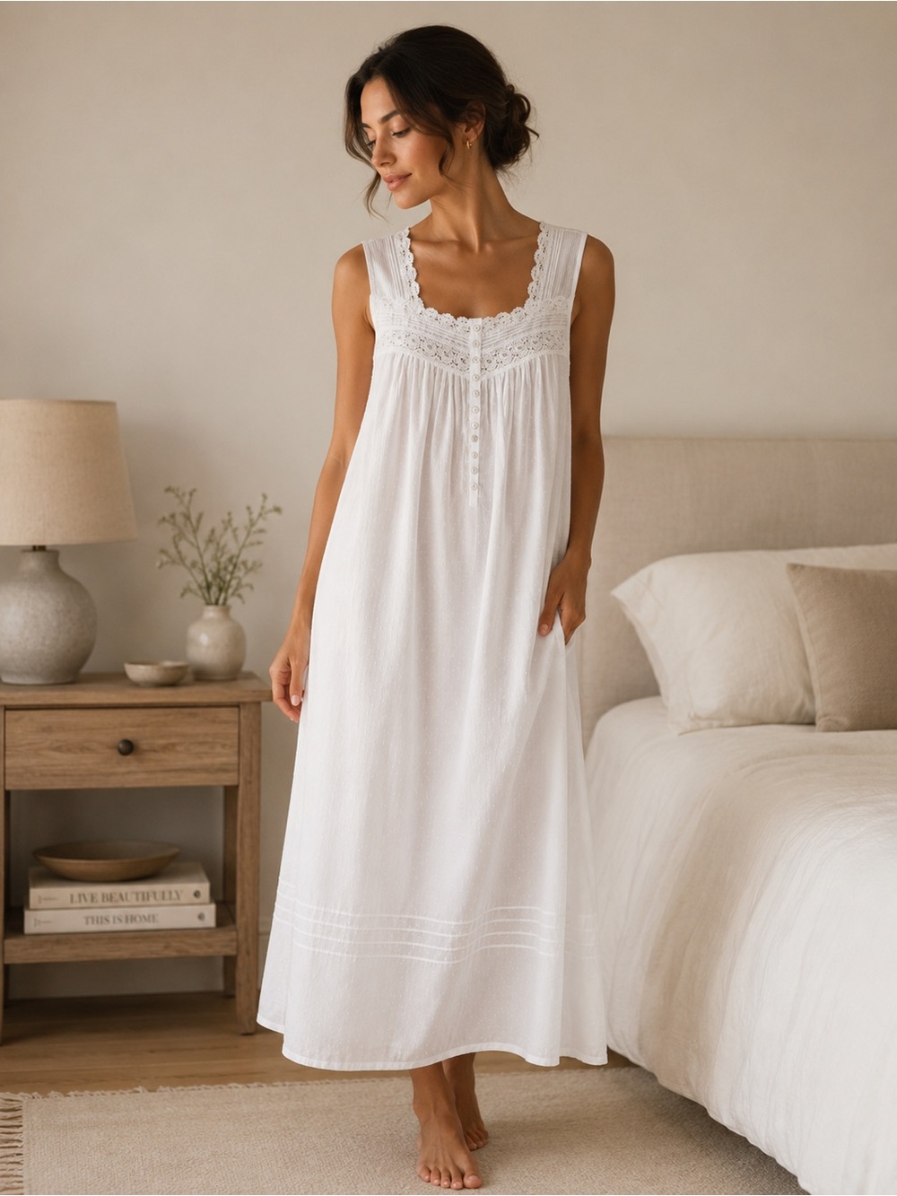 Eileen West White Sleeveless Cotton Nightgown Lace Trim Large